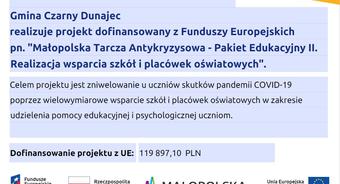 Gmina Czarny Dunajec realizuje projekt dofinansowany z Funduszy Europejskich Realizacja wsparcia szkół i placówek oświatowych&quot;